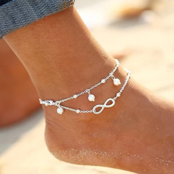 Boho Dobbeltlags Perlekæde Ankelkæde Infinity Vedhæng Legering Ankelarmbånd til Kvinder og Piger Sølv