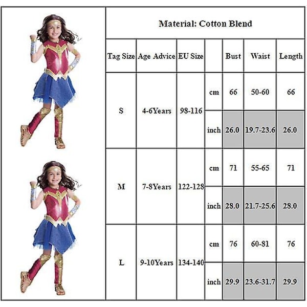 Wonder Woman Cosplay-kostyme Jenter Barn Halloween Fest 7-8 Years