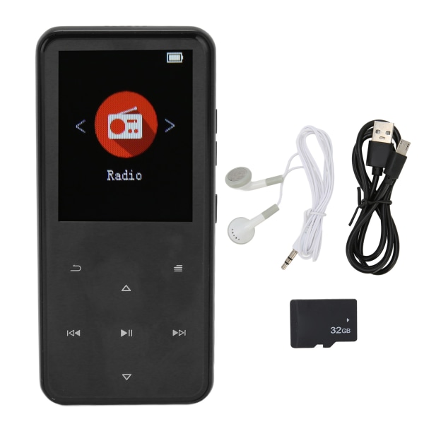 MP3-spelare 2,4 tum Smart HD brusreducering Pekknapp FM-radio 16GB Bluetooth 5.0 Musikspelare med minneskort Svart 32GB minneskort