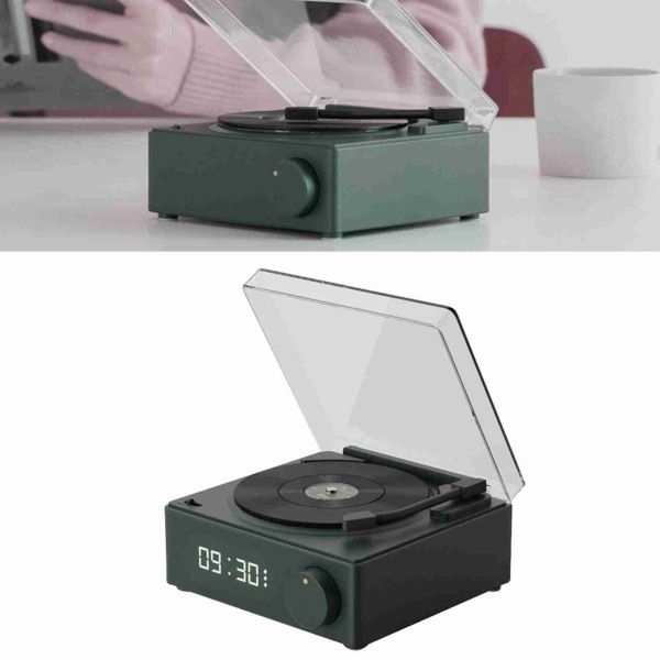 Roterende vinylplate Alarmklokkehøyttaler retro 360 graders stereo trådløs klokke Bluetooth-høyttaler for hjemmesoverom kontor Grønn
