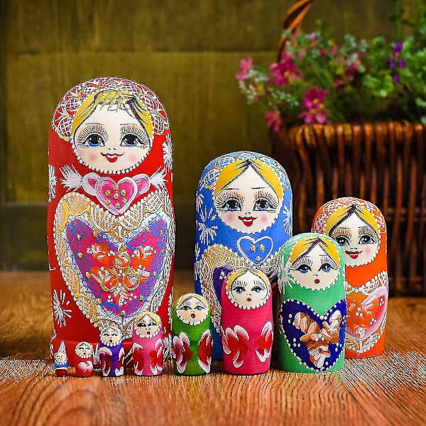 10-delars Rysk Nesting Docka Set - Matryoshka Skrivbordsdekor i Trä för Barn & Presenter