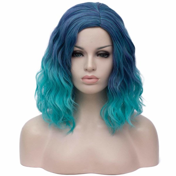 Kort lockig vågig peruk for kvinner med syntetisk festperuker for Halloween-peruker cap medfølger (blå ombre)