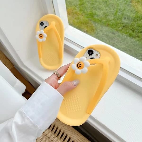 Sött tecknat flip-flops-telefonfodral kompatibelt med iPhone 13, 3D-blomdesign