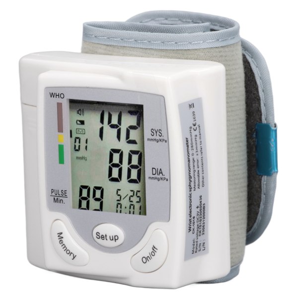 Håndledsblodtryksmåler Justerbar manchet Stort LCD-display Digitalt blodtryksmåler til hjemrejse