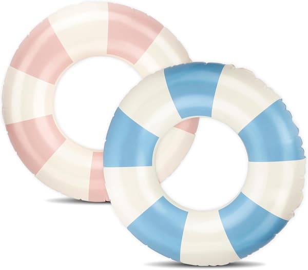 Sæt med 2 oppustelige poolmadrasser til voksne, holdbare PVC-svømmeringe til pool-, strand- og søfester, stribet pink blå 75 cm
