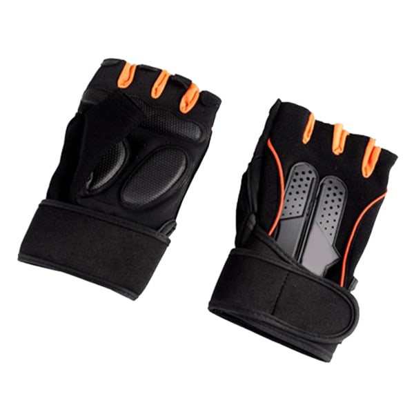Et par sportsgymnastikhandsker skridsikre sorte orange halvfingerhandsker til træningsøvelser L