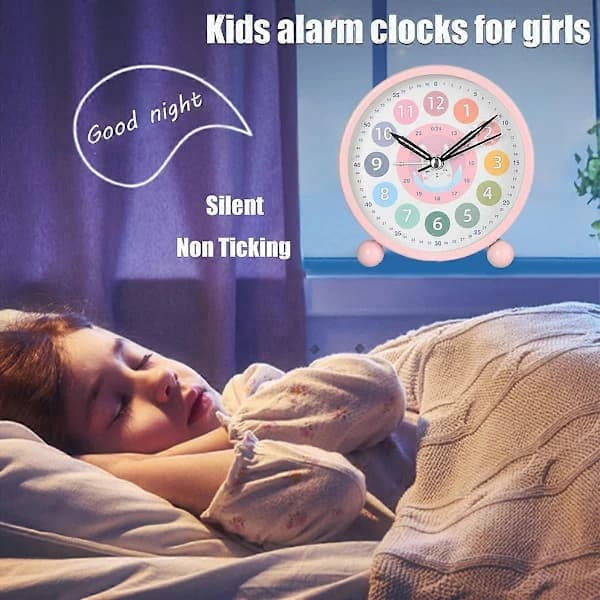 Barnväckarklocka Pojke/Flicka, Tyst Liten Söt Bordsklocka Batteridriven, 4 \" Analog Väckarklocka Sovrum (Rosa)