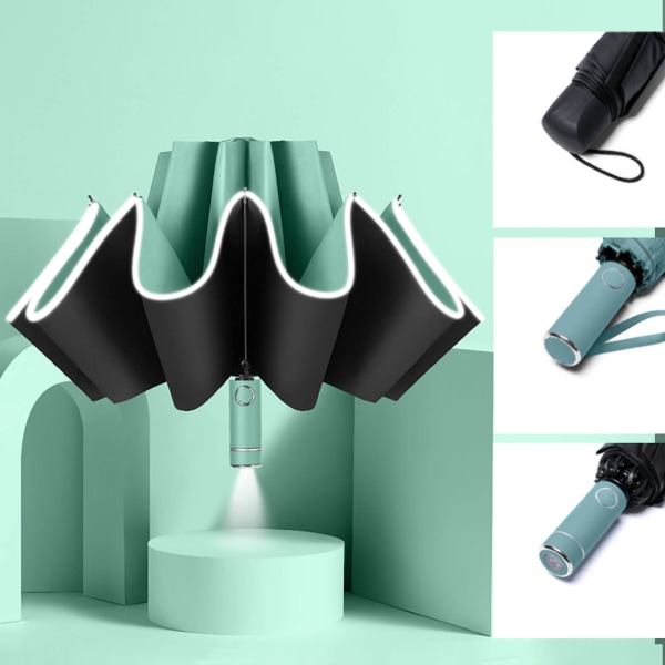 10 Forstærket Bone Reverse Automatisk Paraply Vindtæt regn- og solbeskyttende paraply til rejser lysegrøn med LED-lys