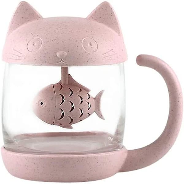 Kattglass Tekopp Vannflaske - Med 250ml (8oz) Fishbread Infusionsfilter (rosa)