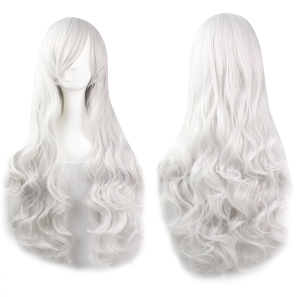 80 cm mode kvinder Anime lang krøllet bølget syntetisk hår fest cosplay paryk (sølv hvid)
