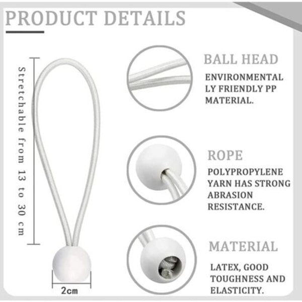 Sett med 50 elastiske strammere, elastiske snorer med kuler, sandow elastisk, elastiske kuler for partytelt, telt, bannere og presenninger,.pa