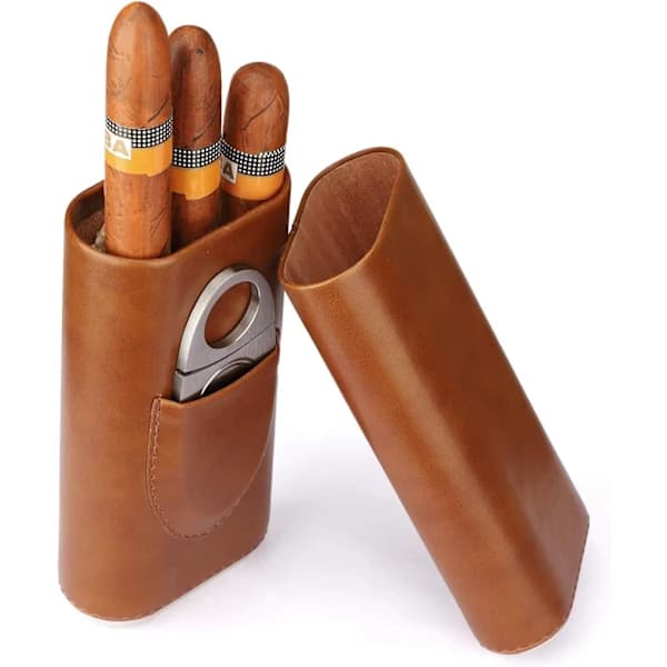 Högkvalitativ tre-finger humidor i brunt läder med cederfoder