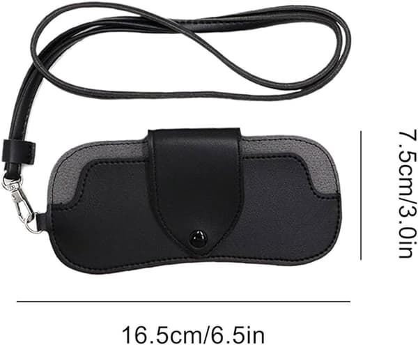 Solglasögonfodral med snöre, PU-läder, mjukt sammetsfoder, repskydd, unisex för resor och utomhusbruk, svart, 16,5 x 7,5 cm