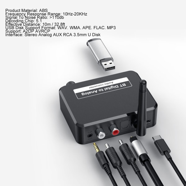 Digital til Analog Audio Converter Bluetooth 5.1 RCA Digital til Analog Receiver Converter for PS3 for PS4 DVD Hjemmekino