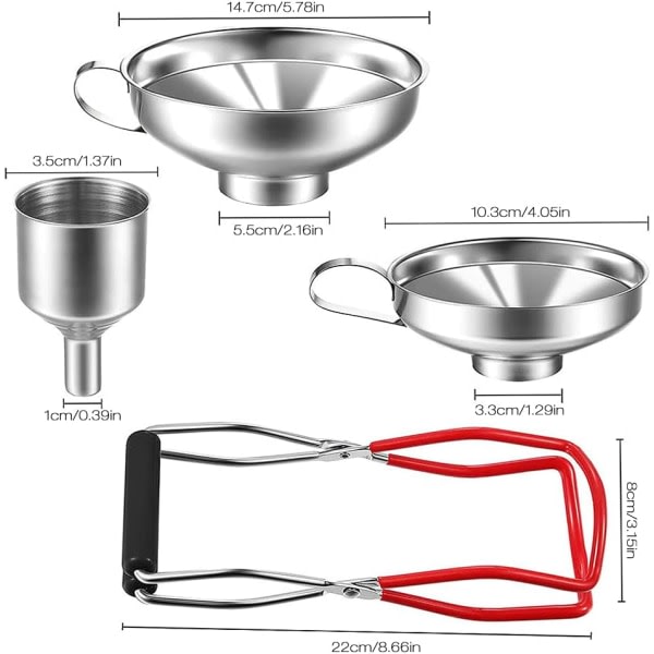 Set i rostfritt stål, 4-delad sylttratt Påfyllningstratt Set med handtag, plåttång Tratt i rostfritt stål för överföring av kryddor