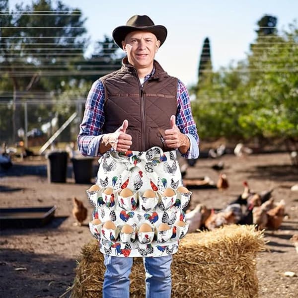Egg Collection Apron, Polyester, 12 Deep Pockets, Hands-Free Egg Holder For Chicken Keepers And Farmers, White Rooster Print