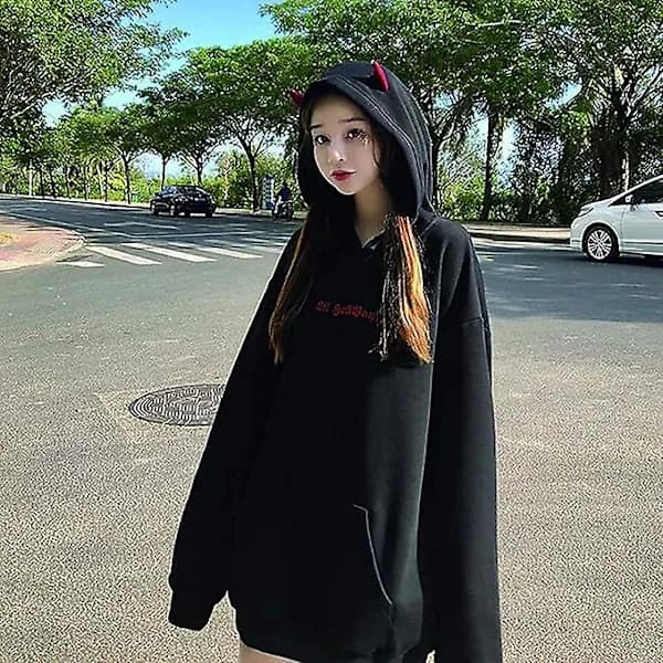Dam Djävul Vinge Hettegenser Casual Løs Langermet Hettegenser Pullover Topper M