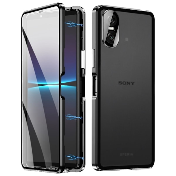 Til Sony Xperia 10 VI Hærdet Glas Cover Metalramme Klar PC Bagside Magnetisk Telefon Cover - Sort