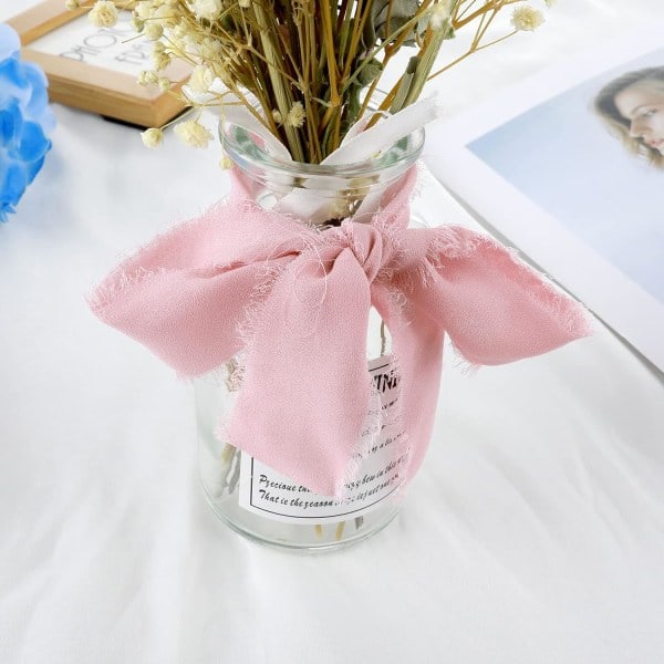 Rullat 1,5\" käsintehtyjä rypytettyjä silkki-chiffon-nauhoja, revityillä reunoilla, hääkutsuihin, morsiuskimppuihin, lahjapakkauksiin (vaaleanpunainen)