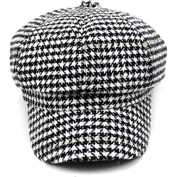 Stilfuld Unisex Efterår Vinter Tweed Newsboy Hat Sort 8 Panel Houndstooth Casual
