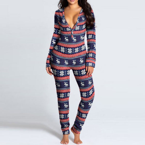 Dam En-Delad Tryckt Nattkläder Julpyjamas Jumpsuit Rompers Långärmad Nattkläder Blå L
