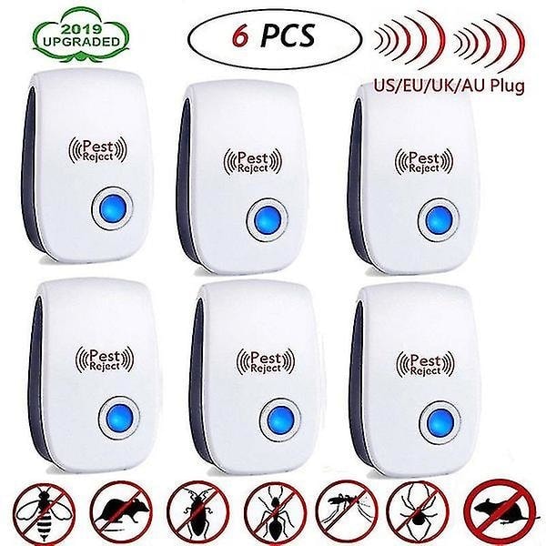 6-pack ultraljud skadedjursbekämpning elektronisk avvisare myggmössråtta avvisa insekter kackerlacka myra spindel loppdödare (US/UK/EU/AU-kontakt)