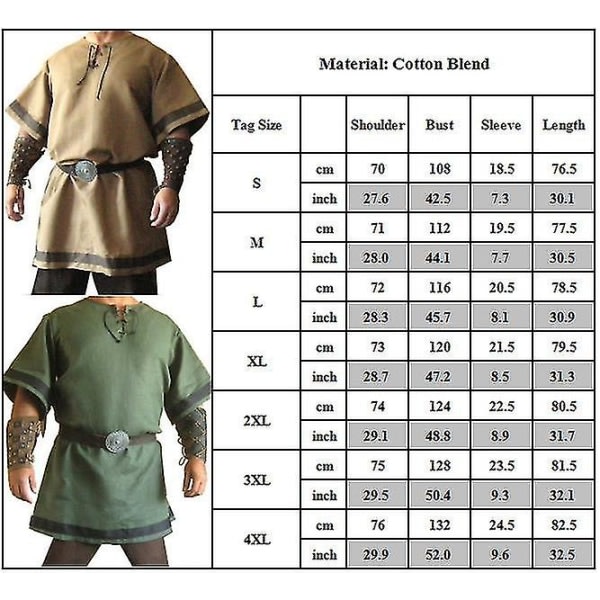 Män Vintage Medeltida Kostym Halloween Fest Viking Knight Pirate Warrior Larp Skjortor Långa Toppar Svart 2XL