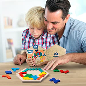 Træ Hexagon Puslespil - Formmønster Blok Tangram