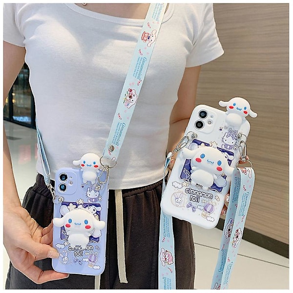 Sanrio Cinnamoroll 3D-fodral för iPhone 14 13 12 11 Pro Max X Xr Xs 7 8 Plus Söt hundremsslinga Cartoon Cover Lanyard Mirror and Rop Mirror and Rope For iPhone 13 Pro