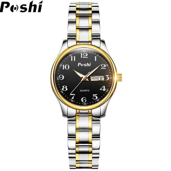 POSHI Original Kvarts Armbandsur Mode Klocka Lyx Armband i Rostfritt Stål Vattentät Kalender Damklockor Svart