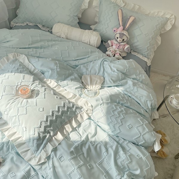 Blødt sengetøjssæt med blonde dekoration Hudvenligt børstet stof Princess Sengetilbehør Blå 1,8 meter sengnederdelsæt