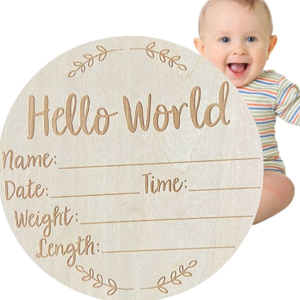 5,9 tommer rundt babykunngjøring fotorekvisitt Basswood-skilt Hello World Babyskilt for Nursery L1