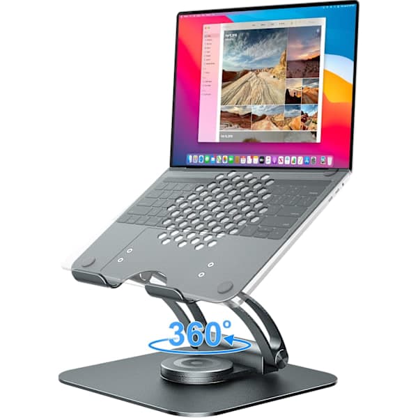 Justerbart laptopstativ til skrivebord, Ergonomisk laptopfæste med 360° roterende base - Grå
