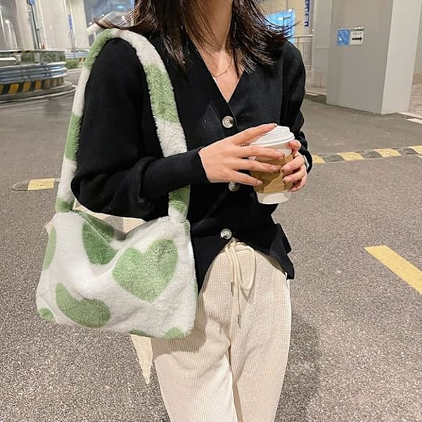 Y2K Stor Kapacitet Farverig Blomstermønstret Hjertemønstret Plysset Taske Casual Plys Crossbody Skuldertaske Håndtasker & Skuldertasker Til Kvinder-Grøn Kærlighed