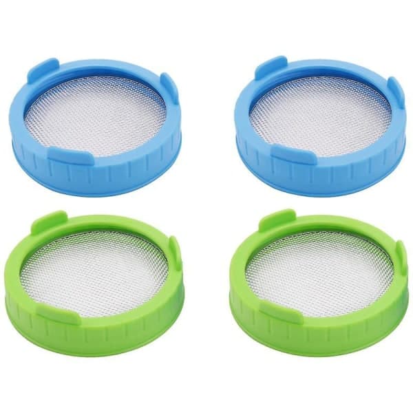4-pack groddlock, plastgroddlock med rostfritt stålsil för breda Masonburkar, S   blå  grön