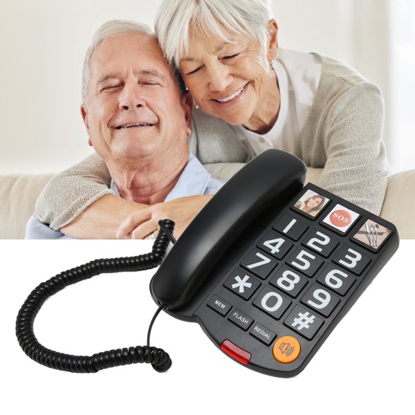 Storknappstelefon Multifunksjons ett-trykks oppringing Håndfri fasttelefon med ledning med høyttaler for seniorer Svart