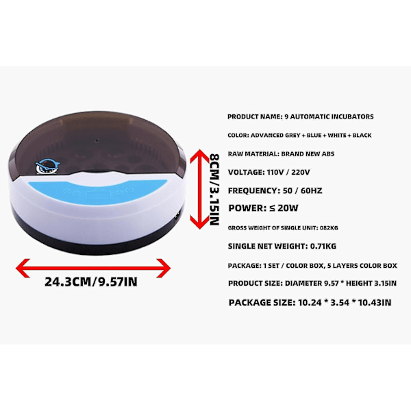 Paris_Allt-i-ett äggkläckare (9 ägg) - Automatisk Gashapon-kläckare med digital temperatur- och fuktighetskontroll.