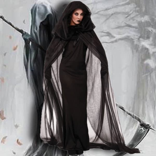 Heksekostumekappe til kvinder, sort hætteklædt polyester cosplaykappe til Halloweenfester og rollespil, sort, XL Cloak suit XL