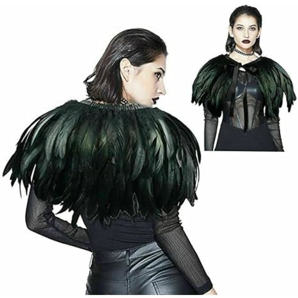 Varmt leende Svart grønn fjær Håndlaget krage Cape Sjal Wrap for Halloween Xmas fest aftenkjole