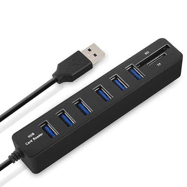 USB 2.0 Hub with Card Reader - 6 Ports Black