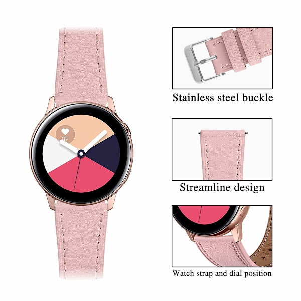 Kompatibel med Samsung Galaxy Watch 5/5 Pro/4/4 Classic/3 41mm /42mm/Active 2, 20mm Mjukt Läderersättningsarmband for Huawei GT2 / GT3 42mm (Rosa)