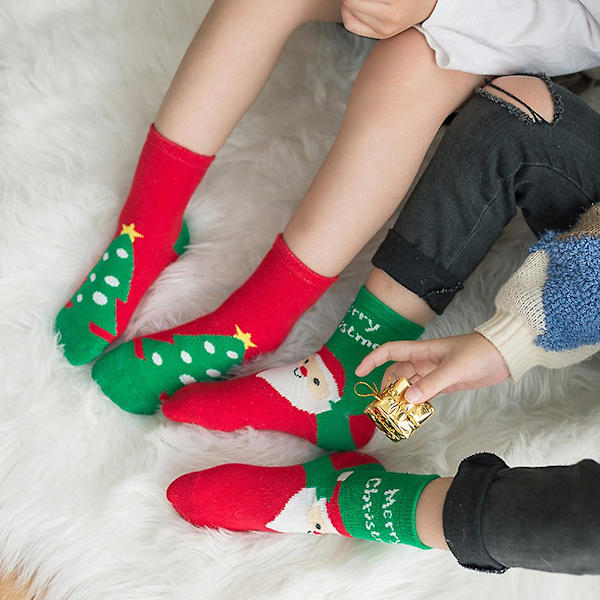 5 Par Varma Sockor för Höst & Vinter, Julstrumpor i Bomull för Barn (15-17cm Fotlängd, Slumpmässigt Mönster)