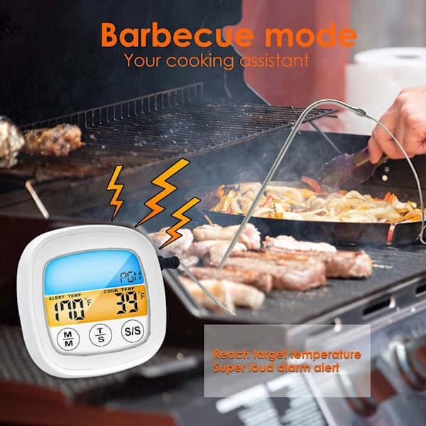 Digital kötttermometer med sond, bakgrundsbelyst LCD-pekskärm, timerlarm för ugn, grill, matlagning, svartgrå