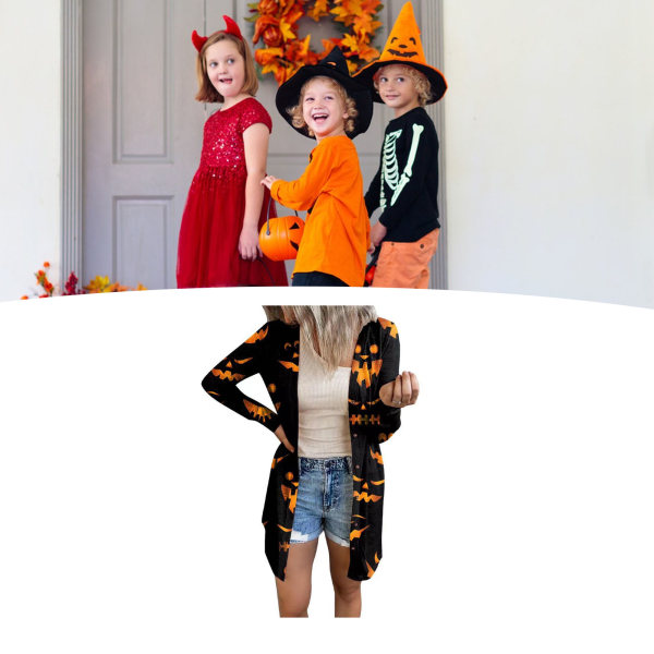 Åpen frontklut for kvinner Halloween Lett, myk langermet foran Åpen genser Topp Uformell ytterkåpe til høstens Halloween-fest Svart M