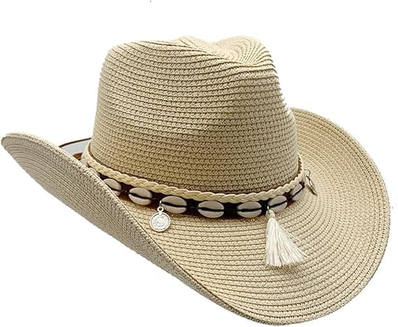Vesterlandsk halm cowboyhat til kvinder, strandhat til mænd, bredskygget hat, cowboyhat, sommer Panama hat, beige