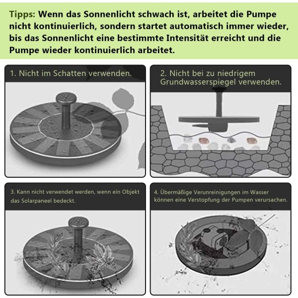 Solfontän, soldriven pump, trädgårdsvattenpump, solpump med 1,5W monokristallin solpanel, enkel installation, (6 olika sprutmunstycken)