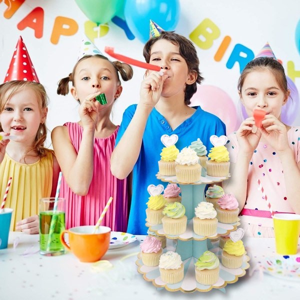 (Blå32cm*30cm) 3-lager Cupcake Stand Kartong Cupcake Stand for Baby Shower Barn Födelsedagsfest Temafest