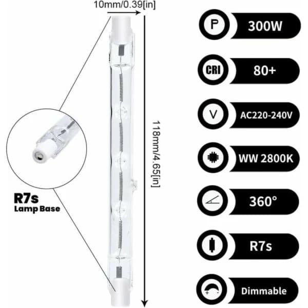 300W dimbar halogenpære varmhvit AC220-240V J118 lineær (5 stk)