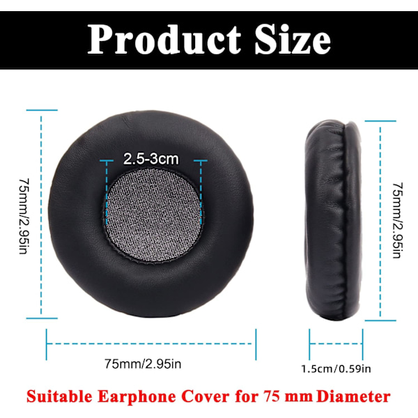 1 par Runde Øreputer 75mm Universal Erstatningsputer Premium Proteinlær Minneskum Øreputer for Hodetelefoner med 75mm Diameter
