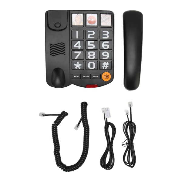 Stor knap telefon Multifunktion One Touch opkald Håndfri fastnettelefon med ledning med højttaler til seniorer Sort